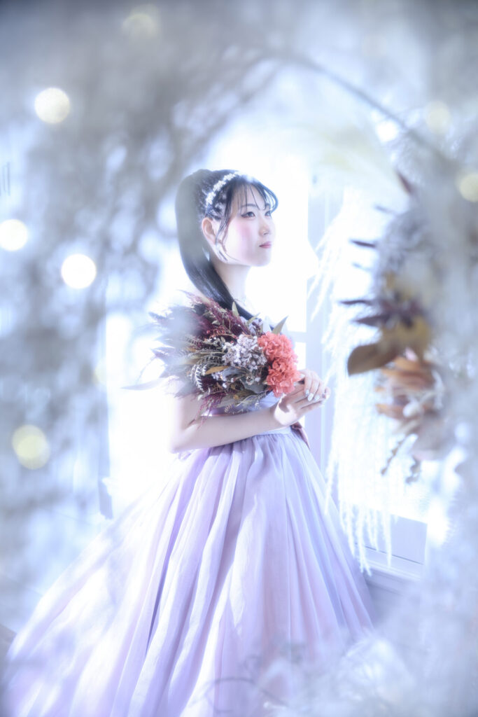 振袖富山　成人式　ハレの日　ピンク　ドレス　ドライフラワー　ブーケ　カチューシャ　ポニーテール